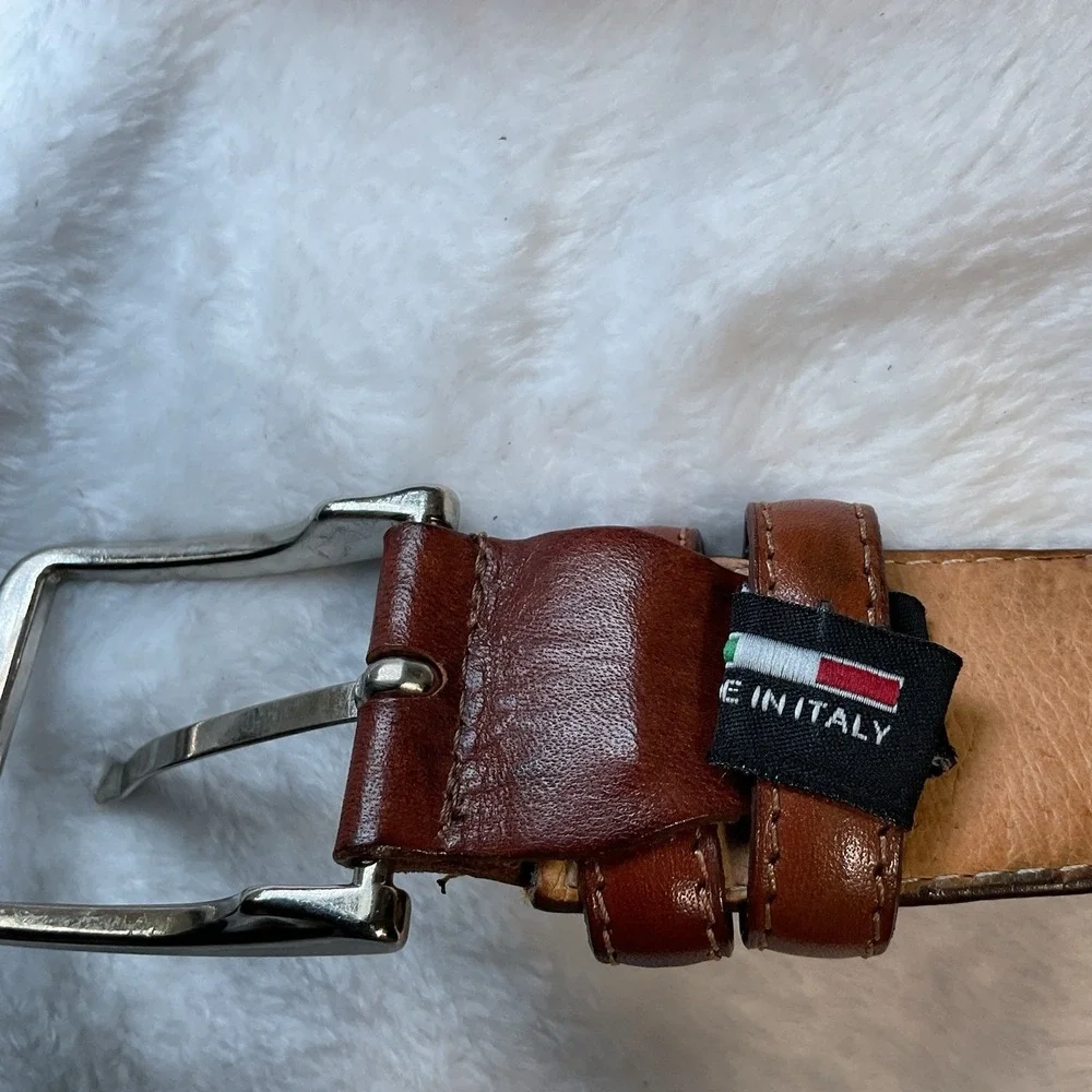 Men's Italian Leather Aponte Belt Brown Ribbed Silver Hardware 43.5